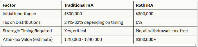 Traditional IRA vs. Roth IRA inheritance value comparison -- $300,000 example